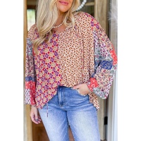 Orange Mixed Floral Printed Long Sleeve Tied V Neck Blouse - L thumbnail