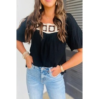 Black Flower Crochet Square Neck Textured Short Sleeve Blouse - M thumbnail