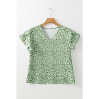 Green Boho Floral V Neck Wrap Short Sleeve Blouse - L thumbnail