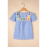 Sky Blue Stripe Textured Ruffle Short Sleeve Boho Detail Square Neck Blouse - L thumbnail