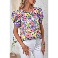 Purple Floral Print Puff Short Sleeve Crew Neck Blouse - L thumbnail
