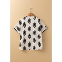 Black Geometric Print Short Sleeve V Neck Blouse - M thumbnail