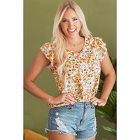 Green Floral Print Ruffled Sleeveless V Neck Tank Top - L thumbnail