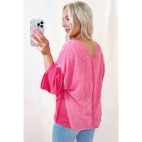 Sachet Pink Contrast Patchwork 3/4 Sleeve V Neck Loose Blouse - L thumbnail