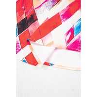 Rose Red Abstract Geometric Pattern Patchwork Puff Sleeve Blouse - L thumbnail