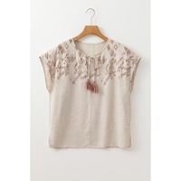 Jet Stream Geometric Embroidered Short Sleeve Tassel Tied V Neck Blouse - L thumbnail