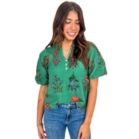 Bright Green Floral Print Buttoned V Neck Short Sleeve Blouse - L thumbnail