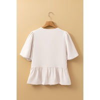 White Bow Tie Short Puff Sleeve Ruffle Hem Blouse - L thumbnail