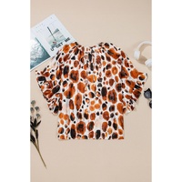 Brown Metallic Threading Accents Pleated Abstract Printed Ruffled 3/4 Sleeve Blouse - L thumbnail
