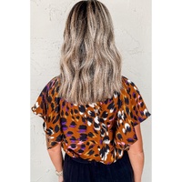 Orange Leopard Printed Draped Short Sleeve Slit V Neck Blouse - L thumbnail