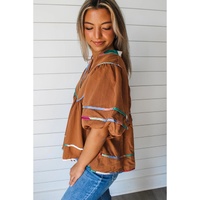 Azura Exchange Thai Curry Colorful Trim Wide Short Sleeve V Neck Blouse - S thumbnail
