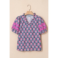 Sachet Pink V-Neck Ruffle Abstract Floral Print Puff Sleeve Top - L thumbnail