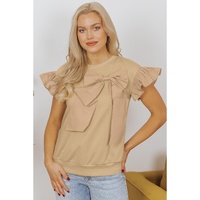 Parchment Two Tones Ribbon Bow Ruffle Sleeve Top - XL thumbnail