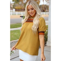Mustard Geometric Short Puff Sleeve Frilled Collar Blouse - L thumbnail