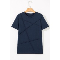 Dirty blue Solid Color Toothpick Stripe Round Neck T Shirt - 2XL thumbnail