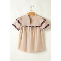 Smoke Gray Leopard Ruffles Trim Tiered Short Sleeve Blouse - L thumbnail