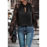 Black Keyhole Neckline Floral Lace Raglan Sleeve Blouse - M thumbnail