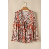 Orange Floral Print Deep V Neck Knot Bell Sleeve Blouse - L thumbnail