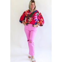 Rose Blooming Flower Print Ruffled Puff Sleeve Blouse - M thumbnail