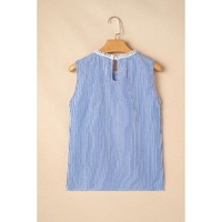 Sky Blue Stripe Lace Patchwork Crew Neck Tank Top - M thumbnail