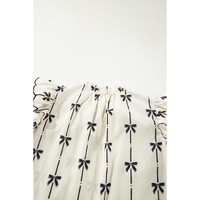 Beige Bow Printed Ruffled Bubble Sleeve Tied Notched V Neck Blouse - L thumbnail