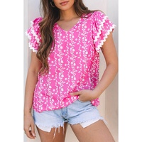 Pink Floral Print Ric-rac Tiered Ruffled V Neck Blouse - L thumbnail