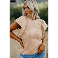Beige Solid Color Textured Flutter Sleeve Top - XL thumbnail