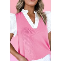 Pink Contrast V Neck Ruffled Textured Knit Top - L thumbnail