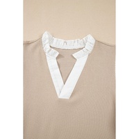 Pale Khaki Contrast V Neck Ruffled Textured Knit Top - L thumbnail