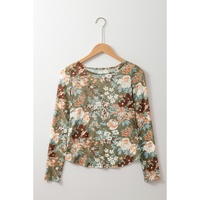 Green Floral Print Mesh Fitted Long Sleeve Top - M thumbnail