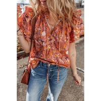 Orange Floral Print Ruffled Flutter Sleeve Frilled V Neck Blouse - L thumbnail