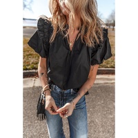 Black Ruffled Puff Short Sleeve Loose Blouse - L thumbnail