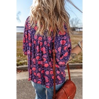 Purple Floral Half Sleeve Split Neck Blouse Top - L thumbnail