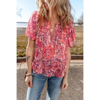 Red Floral Print Ruffled Puff Short Sleeve Blouse - L thumbnail
