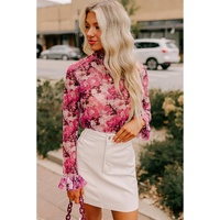 Rose Floral Mesh Flounce Sleeve Mock Neck Blouse - L thumbnail