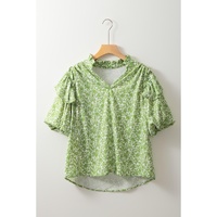 Light Green Floral Ruffle Puff Short Sleeve Frilled Collar V Neck Blouse - L thumbnail