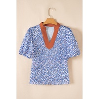 Ashleigh Blue Leopard Print Spot Contrast V Neck Half Puff Sleeve Shirt - L thumbnail