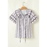 White Floral Ruffled Collar Short Puff Sleeve Printed Blouse - S thumbnail