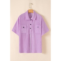 Orchid Bouquet Corded Flap Pocket Collared Buttoned Short Sleeve Blouse - L thumbnail
