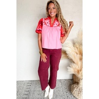 Pink Floral Embroidered Notch V Neck Puff Sleeve Babydoll Blouse - L thumbnail
