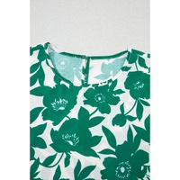 Green Floral Printed Ruffled Short Sleeve Round Neck Loose Blouse - L thumbnail