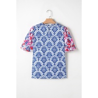 Blue Western Fashion Print Floral Puff Sleeve Frilled Neck Blouse - L thumbnail