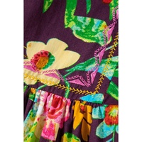 Greyish Purple Rose Flower Embroidered Trim Half Sleeve Blouse - M thumbnail