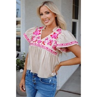 Beige Floral Embroidered Short Sleeve Notched V Neck Blouse - M thumbnail