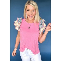 Bonbon Striped Ruffle Flutter Sleeve Ribbed Blouse - L thumbnail