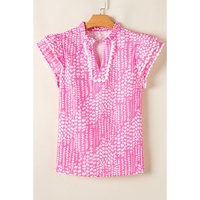 Pink Abstract Print Ric Rac Trim Flutter Sleeve Notch V Neck Blouse - L thumbnail
