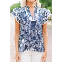 Sky Blue Abstract Print Ric Rac Trim Flutter Sleeve Notch V Neck Blouse - XL thumbnail