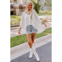 White Eyelet Patchwork High Low Hem V Neck Oversized Top - L thumbnail