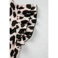 Khaki Leopard Print Layered Ruffled Short Sleeve Blouse - L thumbnail