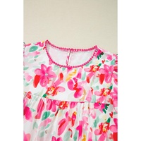 Rose Floral Print Flutter Sleeve Round Neck Casual Blouse - L thumbnail